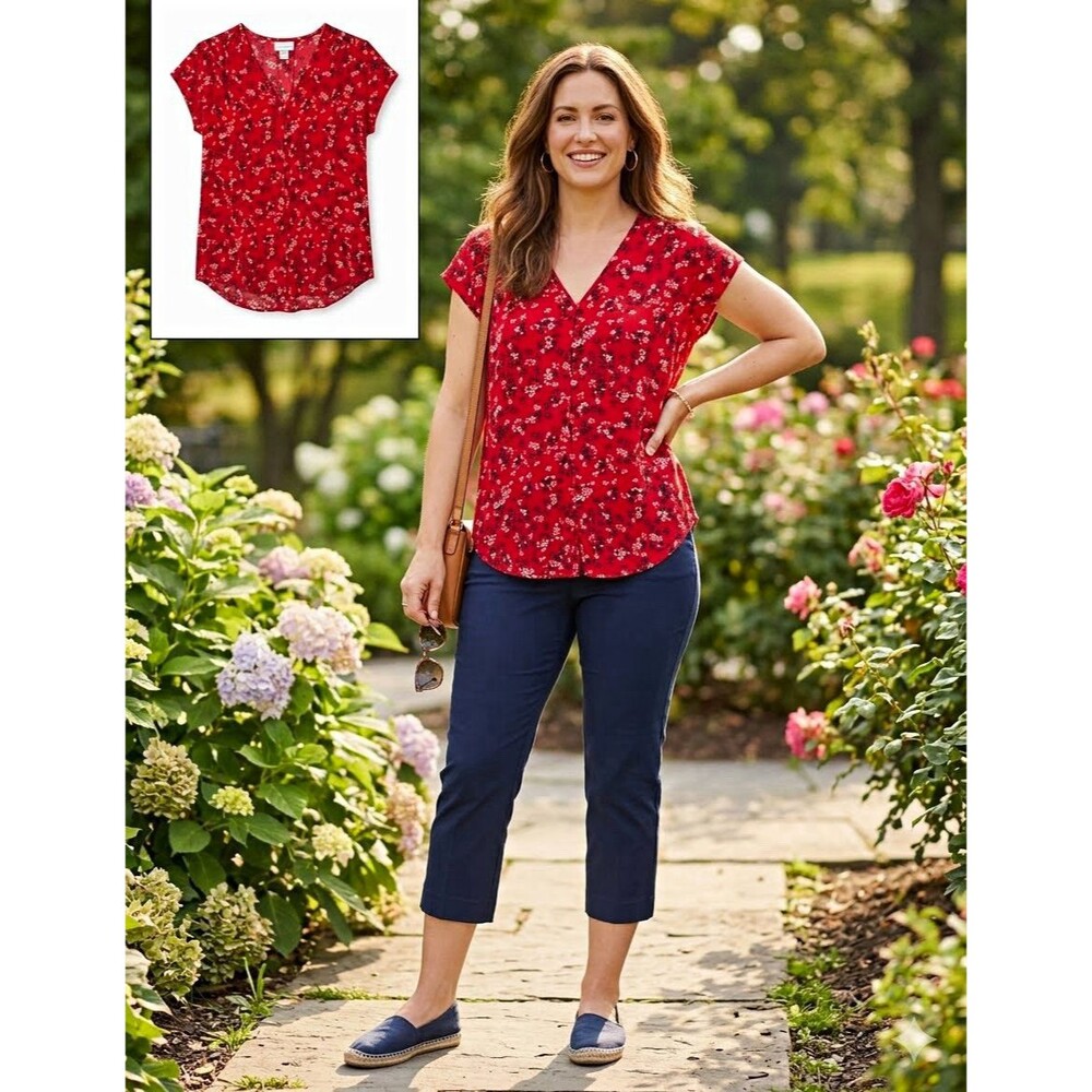 Liz Claiborne Women’s L Red/ Navy Floral V-Neck Short Sleeve Button Blouse Top